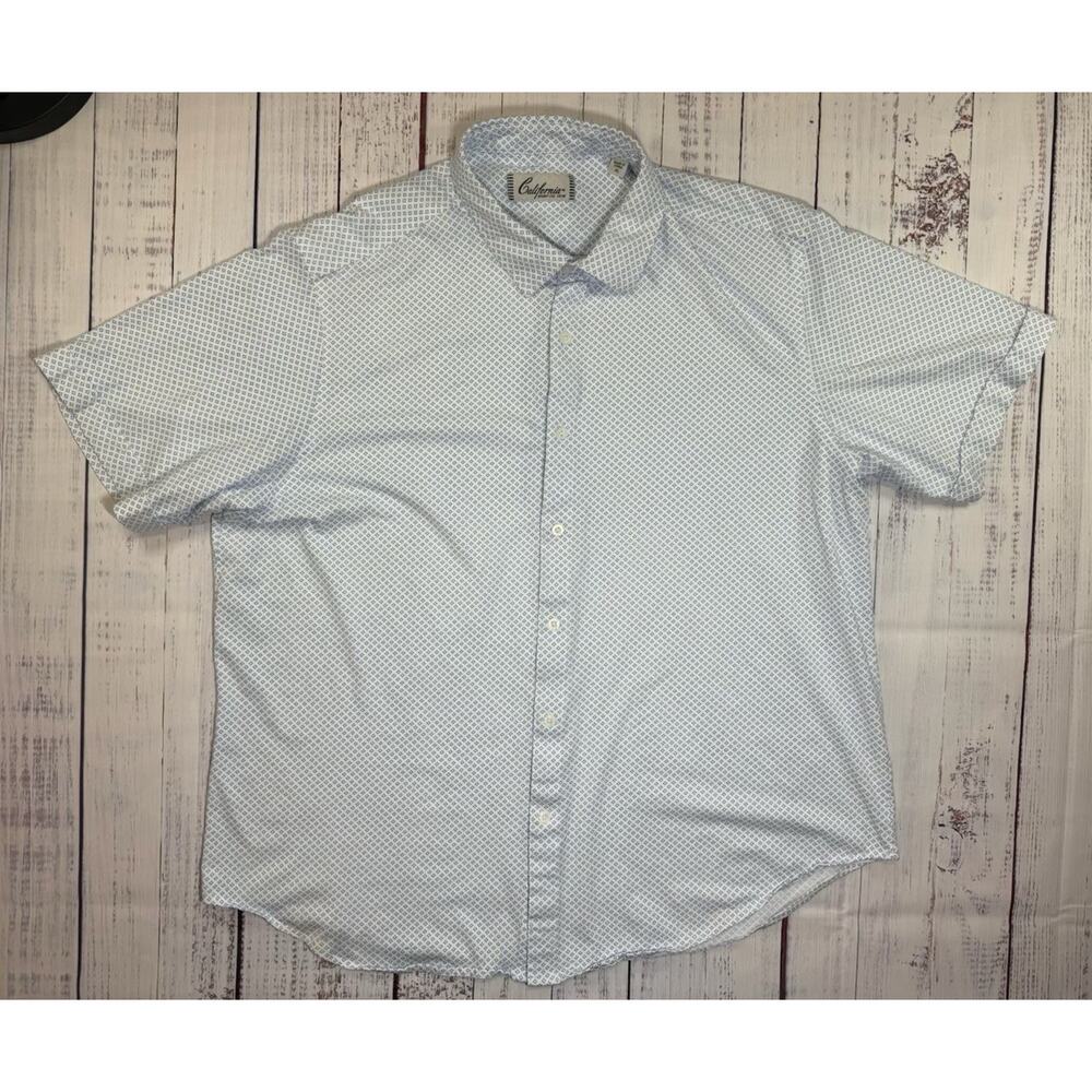 California Shirt Co Men's Button Down Short Sleeve White Blue Pattern Size Large